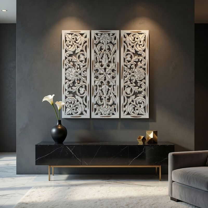 Leva 3pc Wood Wall Decor Set, Moroccan Floral Carving, Antique White Finish, 36 Inch Square image number 5