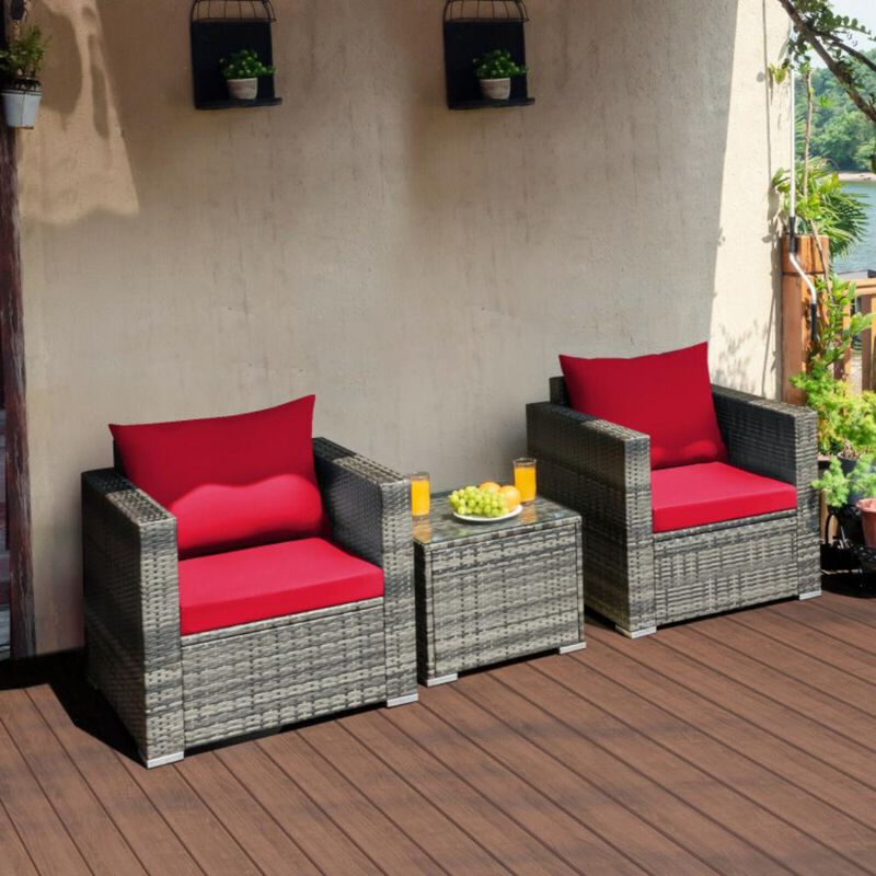 Hivvago 3 Pieces Patio Rattan Furniture Bistro Sofa Set with Cushioned
