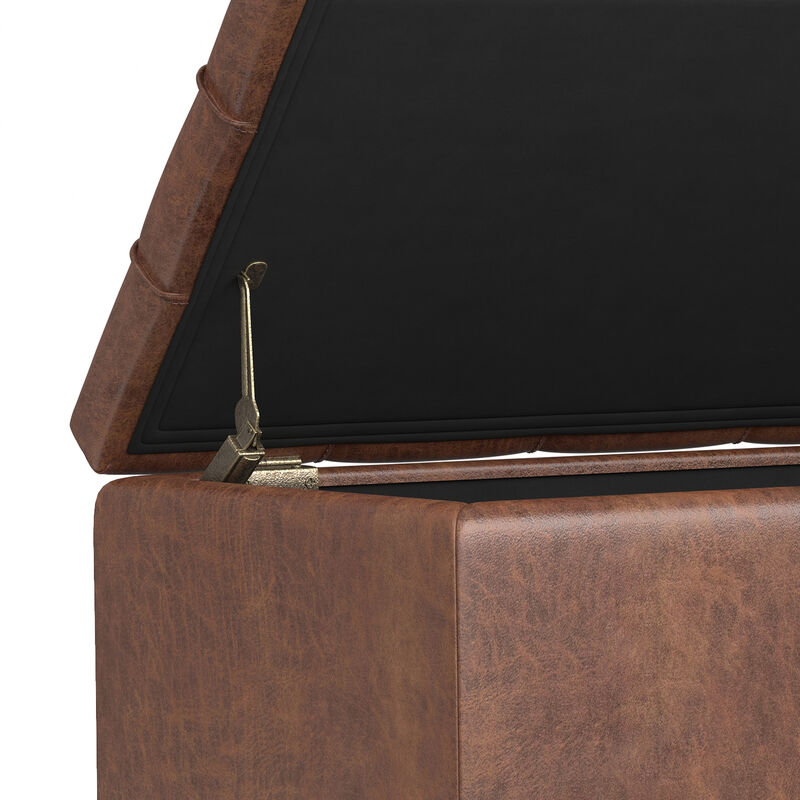 Sienna 33 inch Wide Transitional Rectangle Storage Ottoman Bench in Distressed Saddle Brown Vegan Faux Leather, Assembled