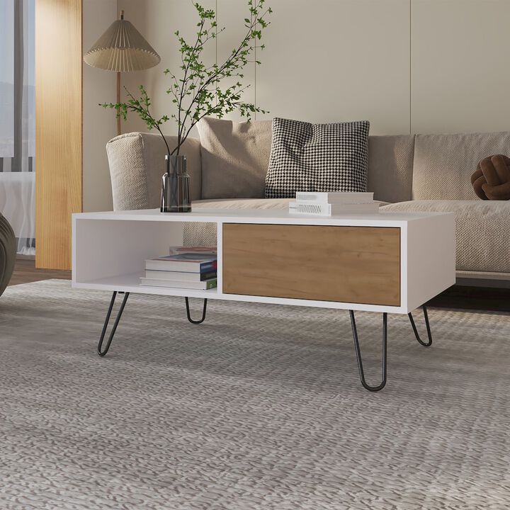 Fm Furniture Gramling Coffee Table with a Drawer and Hairpin Legs, White + Natural Oak