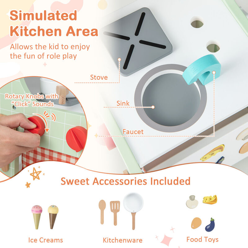 6-in-1 Wooden Baby Stroller with Play Kitchen for Kids Over 12 Months