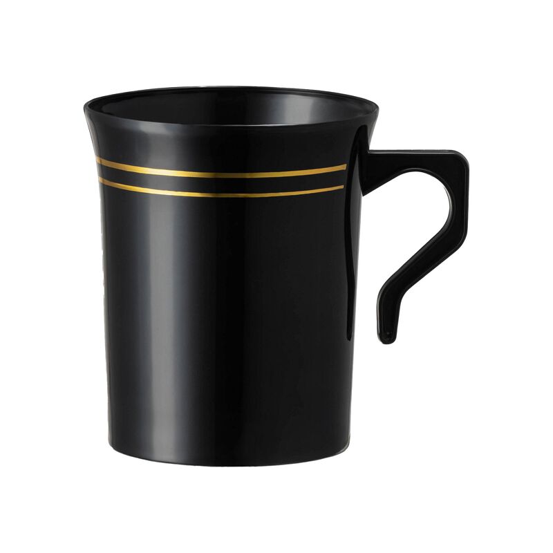 8 oz. Black with Gold Edge Rim Round Plastic Coffee Mugs (120 Mugs) image number 0