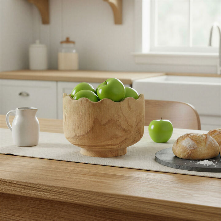 Tall Scalloped Edge Paulownia Wood Decorative Bowl, Natural Finish