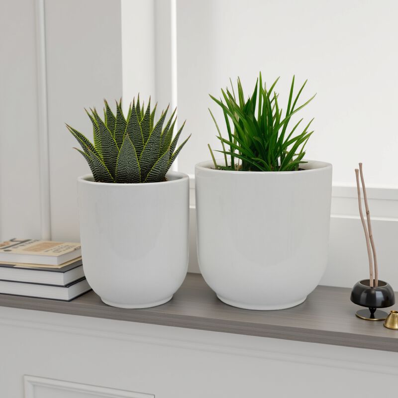 Lyna Accent Planter Set of 2, White Ceramic, Smooth Glossy Texture - Benzara