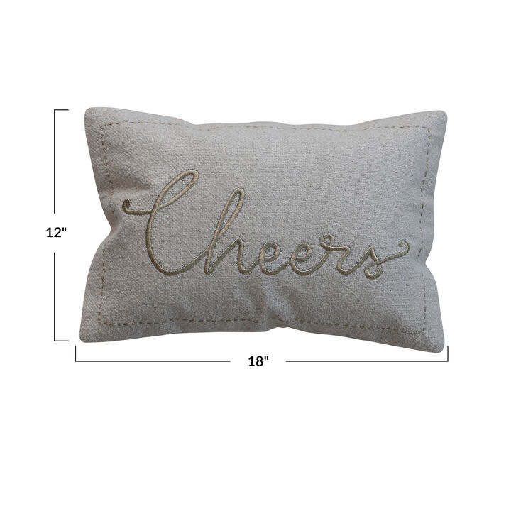 Gold Embroidered Cheers Lumbar Pillow in Cotton Blend