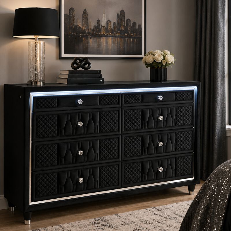 Maren Wide Dresser, 8 Drawers and LED Light, Black Tufted Velvet, Glass Top image number 8
