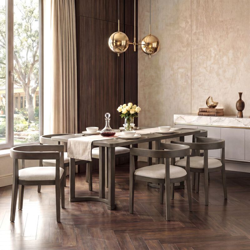 7 Piece Rectangular Dining Table Set with 6 Upholstered Barrel Back Chairs, wood grain kitchen table set, modern dining room table set image number 5