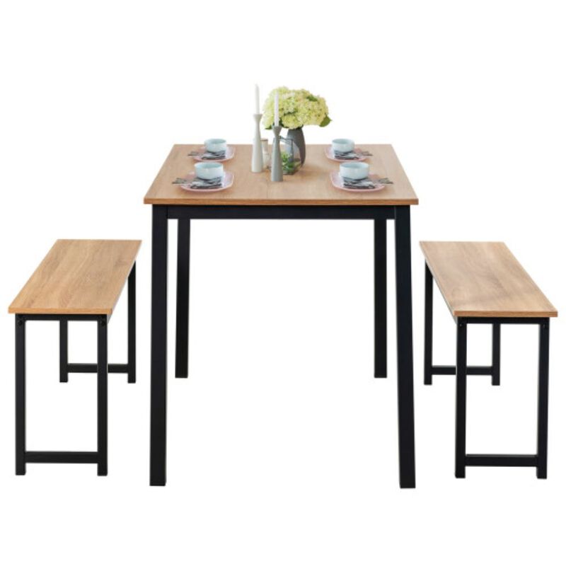 3 Pieces Dining Table Set with 2 Benches for Dining Room Kitchen Bar