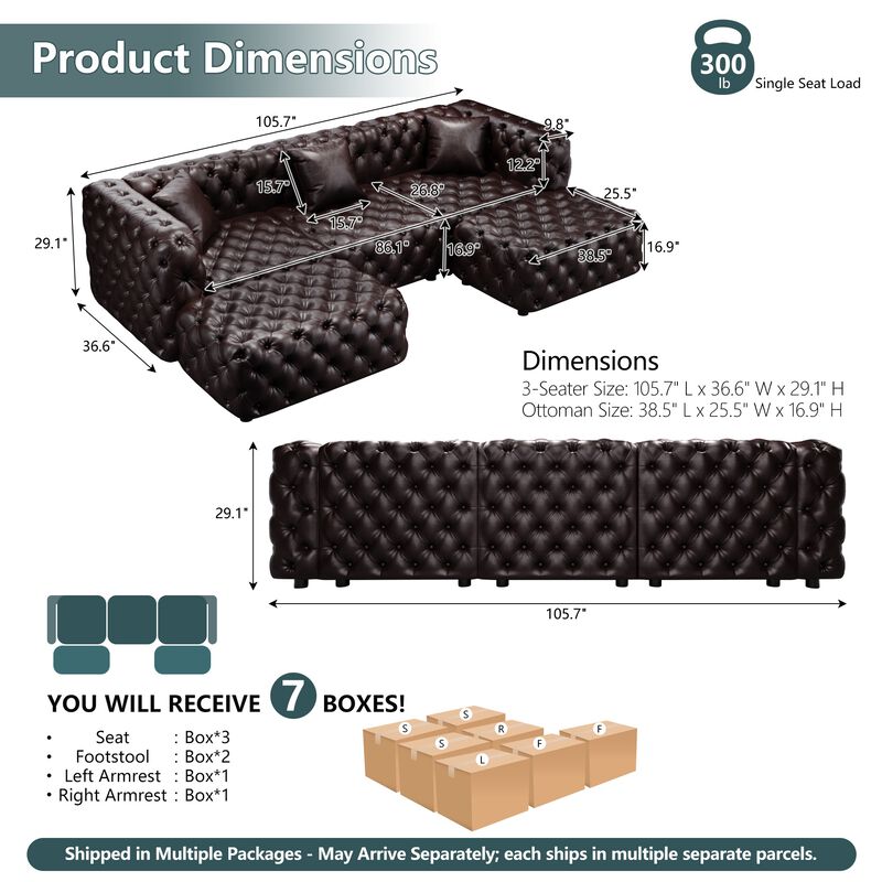 Whisen 105.7" Modern Sectionals, 3-Seat Sofa with 2 Ottomans, Faux Leather Upholstered, for Living Room image number 9