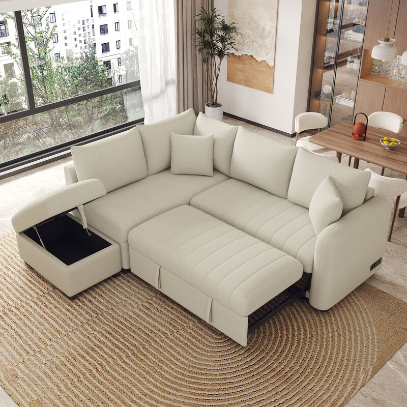 Merax L-shaped Sectional Pull Out Sofa Bed Sleeper Sofa with 2 USB Ports.