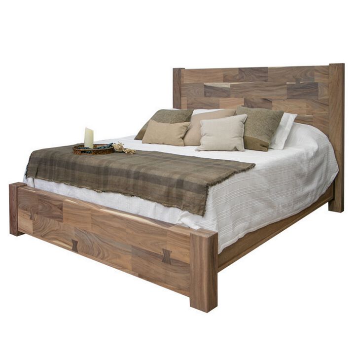 Umey King Size Bed, Mango Wood with Grain Details, Two Tone Rustic Brown - Benzara