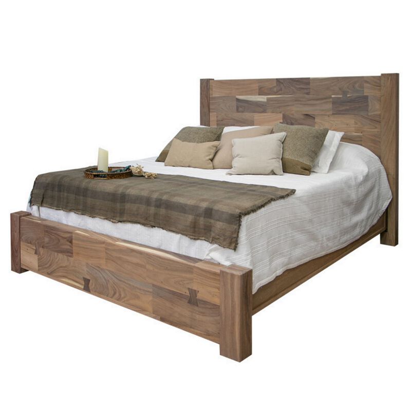 Umey King Size Bed, Mango Wood with Grain Details, Two Tone Rustic Brown - Benzara