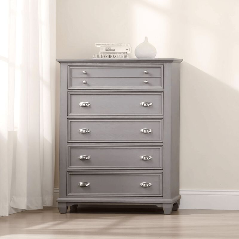 Limi Tall Dresser Chest, 5 Drawers, Light Gray Solid Acacia Wood - Benzara