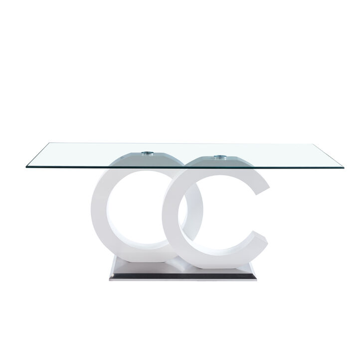 Tempered Glass Dining Table with Black MDF Middle Support and Stainless Steel Base for Modern Design