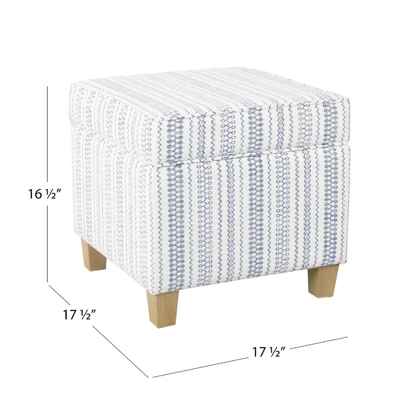 Pyp Square Storage Ottoman, 18 Inch Blue White Striped, Brown Legs