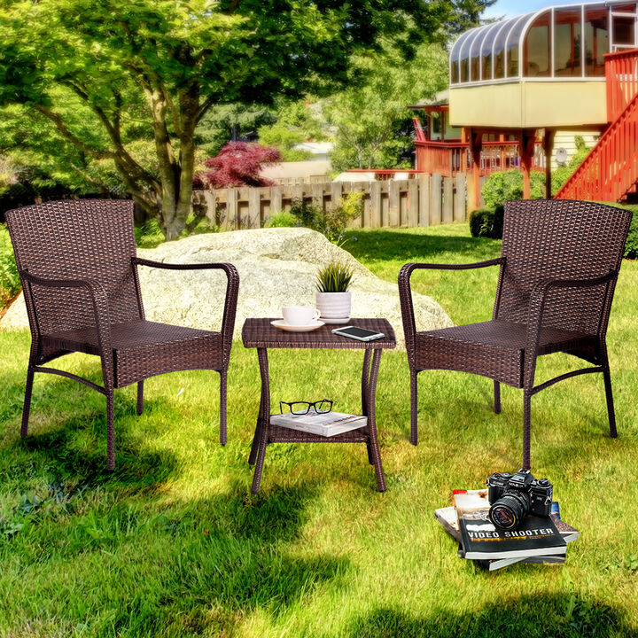 3 Pieces Outdoor Seating Group Furniture, PE Rattan Patio Furniture, Wicker Patio Chairs Set, Patio Bistro Sets, Outdoor Conversation Sets - Brown