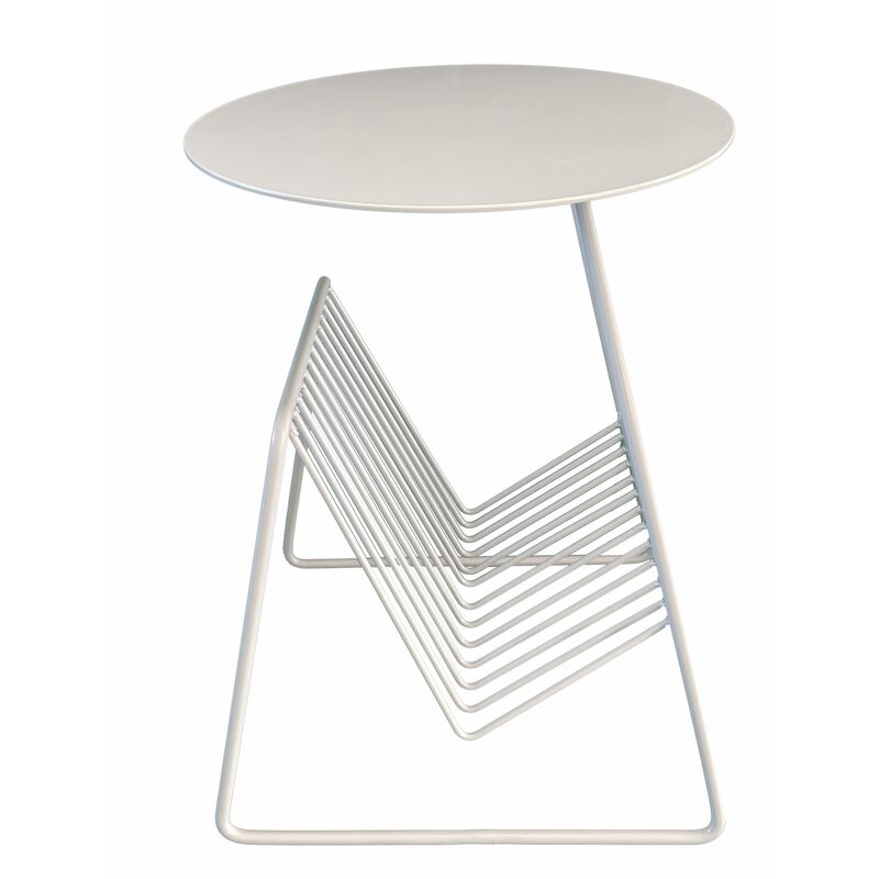 Zeo Side End Table w Magazine Rack, 14 Inch Round Top, White Metal