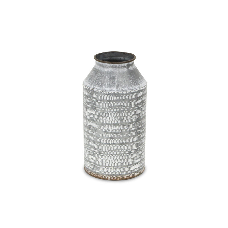 HomeRoots 10" Gray Galvanized Metal Geometric Patterned Jug Vase image number 0
