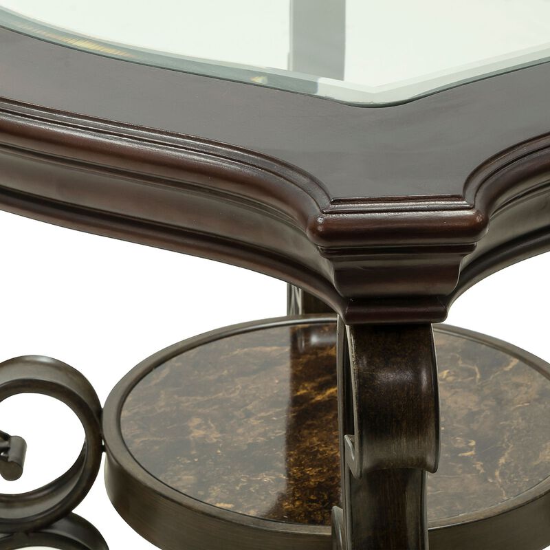 Glass Top End Table with MDF Marble Shelf & Metal Legs Powder Coat Finish