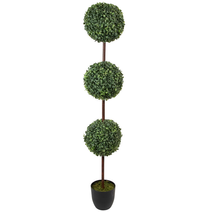 4' Artificial Two-Tone Boxwood Triple Ball Topiary Tree with Round Pot  Unlit
