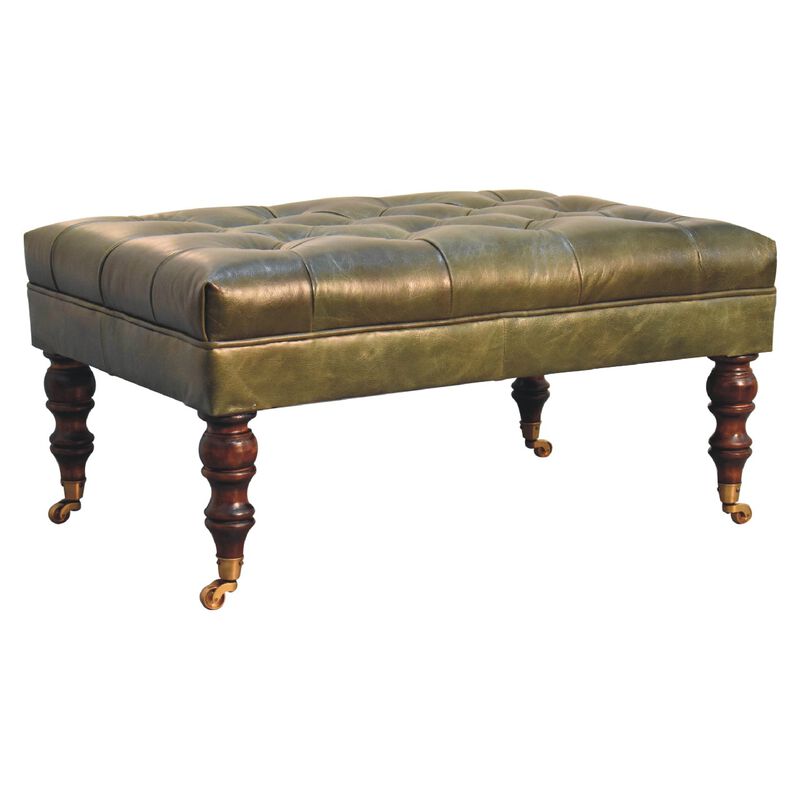 Artisan Furniture  Solid Wood Buffalo Green Leather Ottoman with Castor Legs