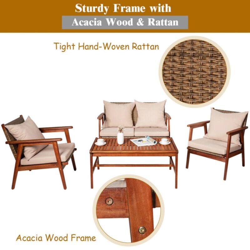 Hivvago 4 Pieces Acacia Wood Patio Rattan Furniture Set with Zippered Cushions