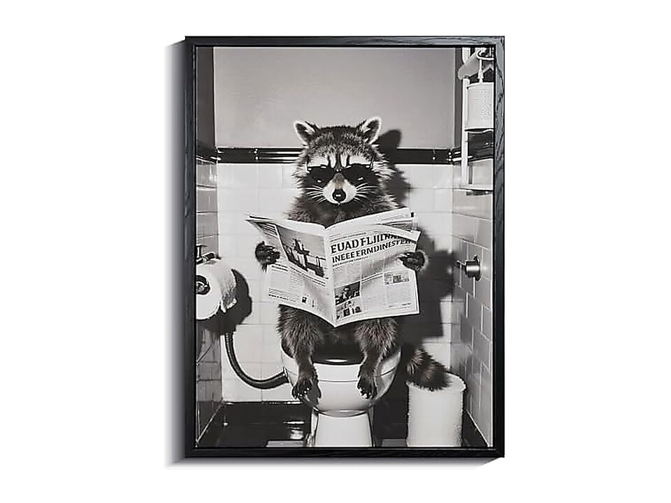 Funny Raccoon Bathroom Wall Art Framed Black White Animal Poster Decor Toilet