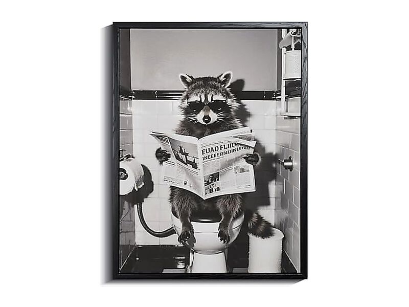 Funny Raccoon Bathroom Wall Art Framed Black White Animal Poster Decor Toilet image number 0