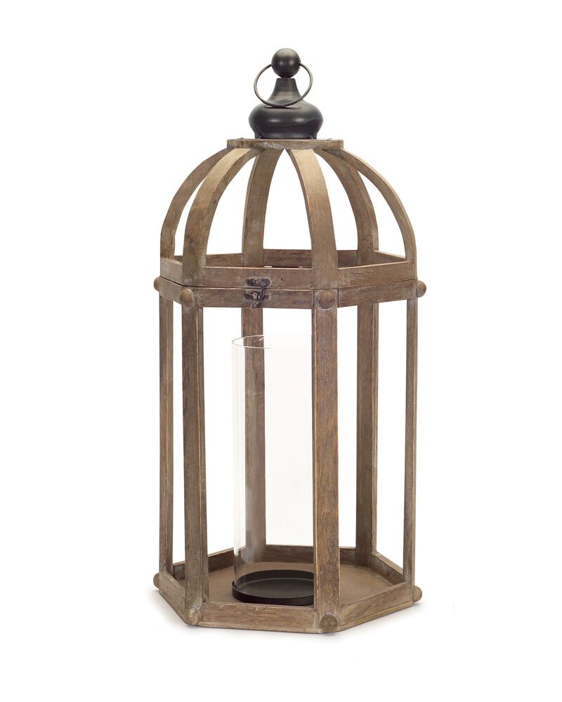 HomeRoots Set of Two Brown Distressed Wood And Glass Floor Lantern Candle Holders image number 2