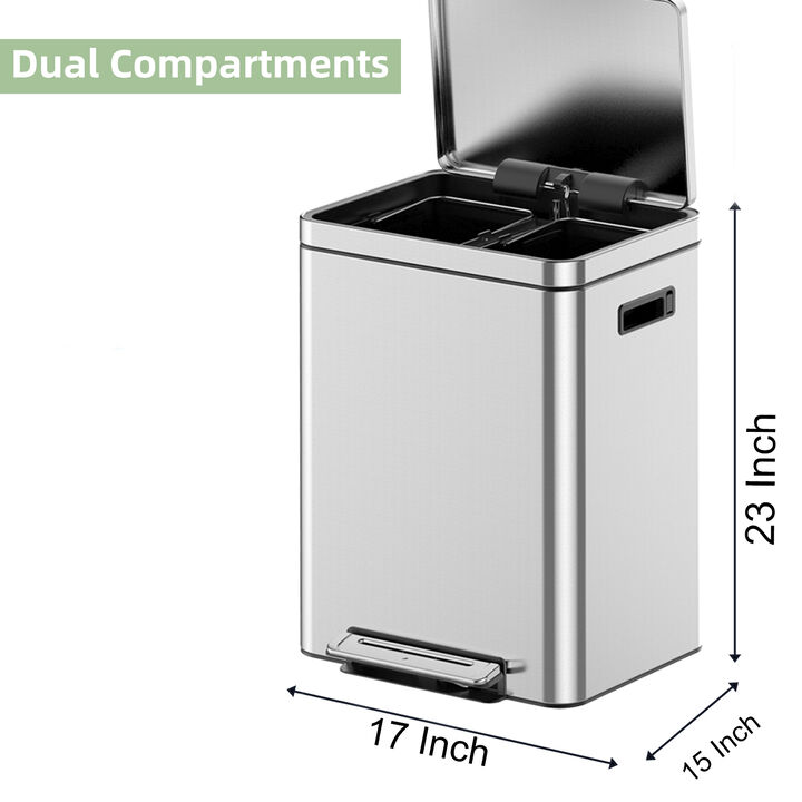 Stainless Steel Dual Compartment Trash Can, Step Pedal, Soft Close Lid, 2 Removable Buckets, Fingerprint Resistant, Waste Sorting Bin for Kitchen & Office