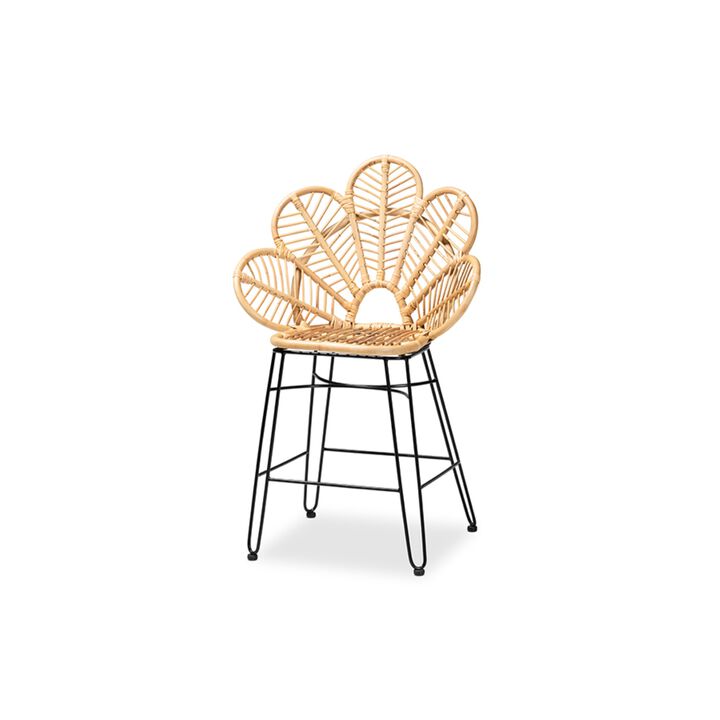 Baxton Studio Garan Modern Bohemian Natural Brown Rattan and Black Metal Counter Stool