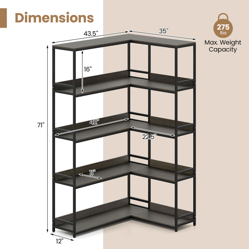 5-Tier L-Shaped Corner Bookshelf with Metal Frame, Space-Saving Etagere Design