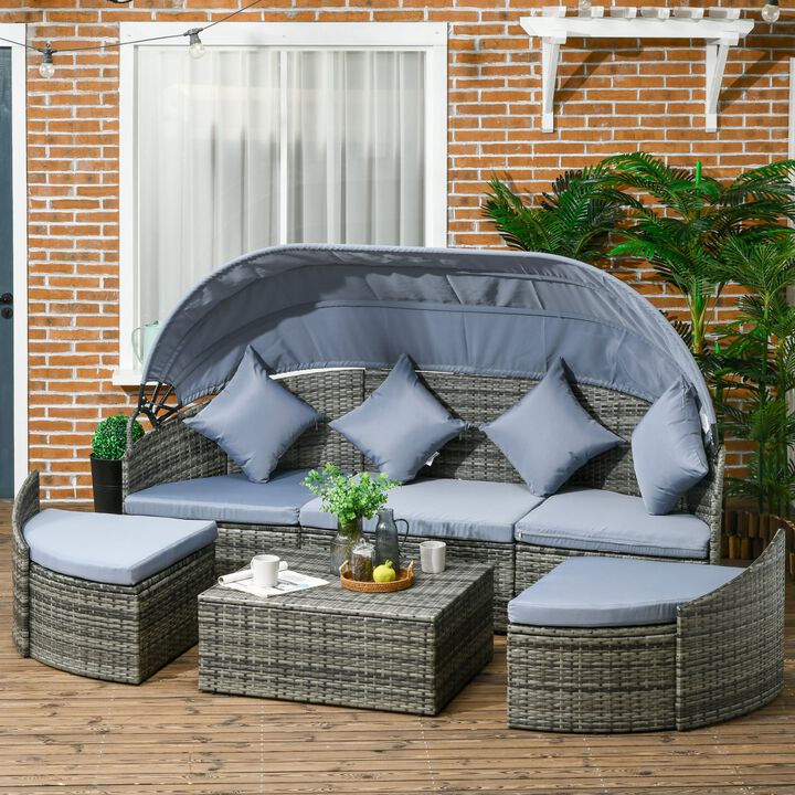 Light Grey Outdoor Lounge: Rattan Daybed with Canopy & Sectional Design