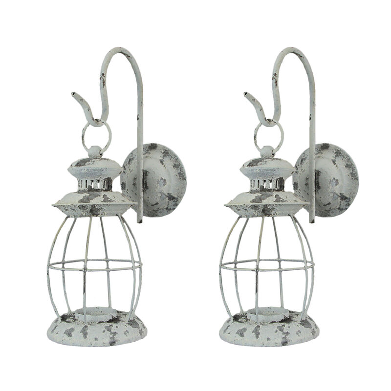 Set of 2 Rustic Distressed Metal Wall Mounted Railroad Lantern Hanging Sconces image number 0