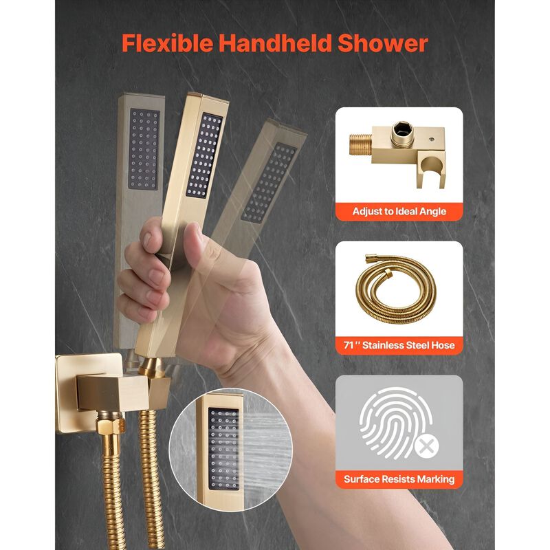 12 Inch Square Rain Shower System Brushed Gold with Handheld Spray image number 3