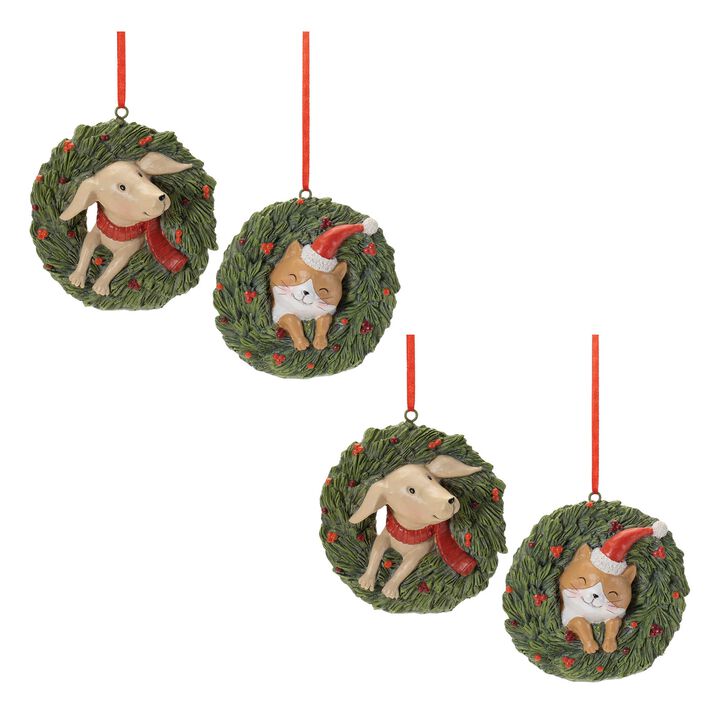 Animal-Themed Holiday Ornaments (Set of 4) – Playful Cat and Dog in Festive Pine Wreaths for Pet Lovers