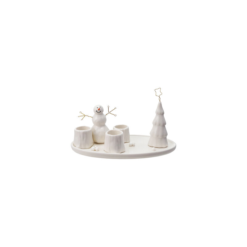 Stoneware and Wire Taper Holder with Snowman and Tree, White image number 0