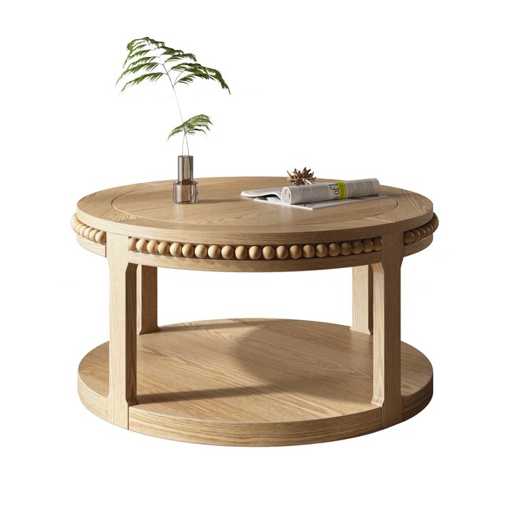 31.5" Rustic Solid Wood Round Coffee Table with 2-Tier Storage Shelf, Modern Farmhouse Accent Table for Living Room