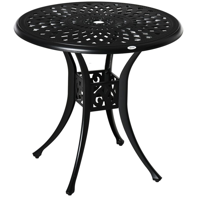 Black Outdoor Dining: 30" Round Cast Aluminum Table with Umbrella Hole