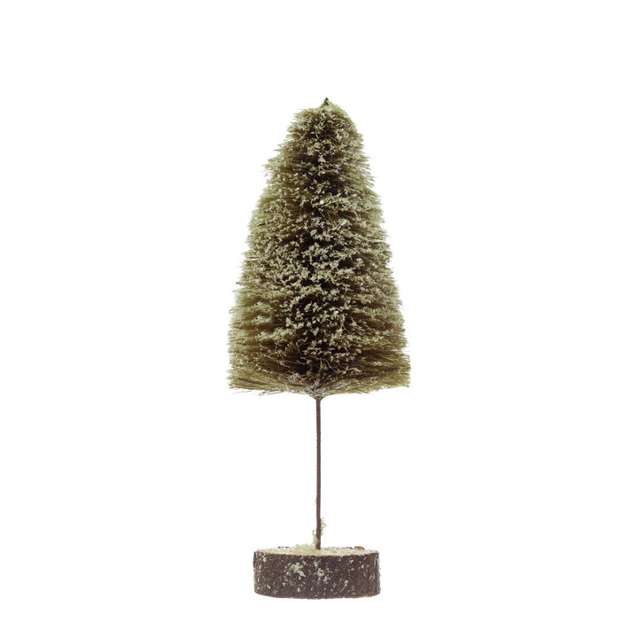 Sisal Bottle Brush Tree with Wood Slice Base and Snow Finish, Green