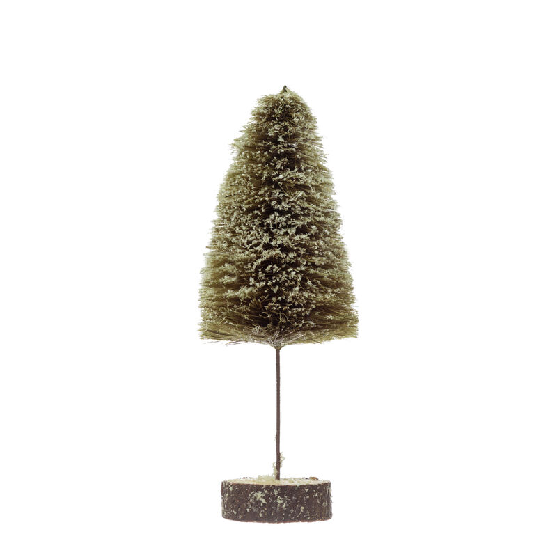 Sisal Bottle Brush Tree with Wood Slice Base and Snow Finish, Green image number 0