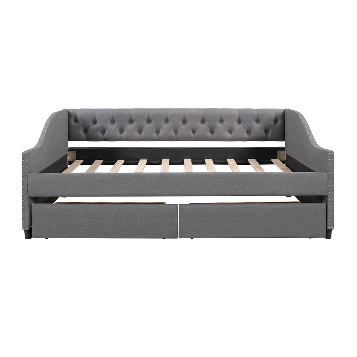 Whisen Full Size Upholstered Daybed with Two Drawers, Solid Wood Frame Storage Sofa Bed for Living Room