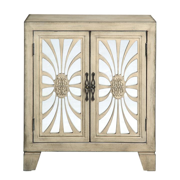 Console Table with 2 Glass Doors and Floral Motif, Antique White-Benzara