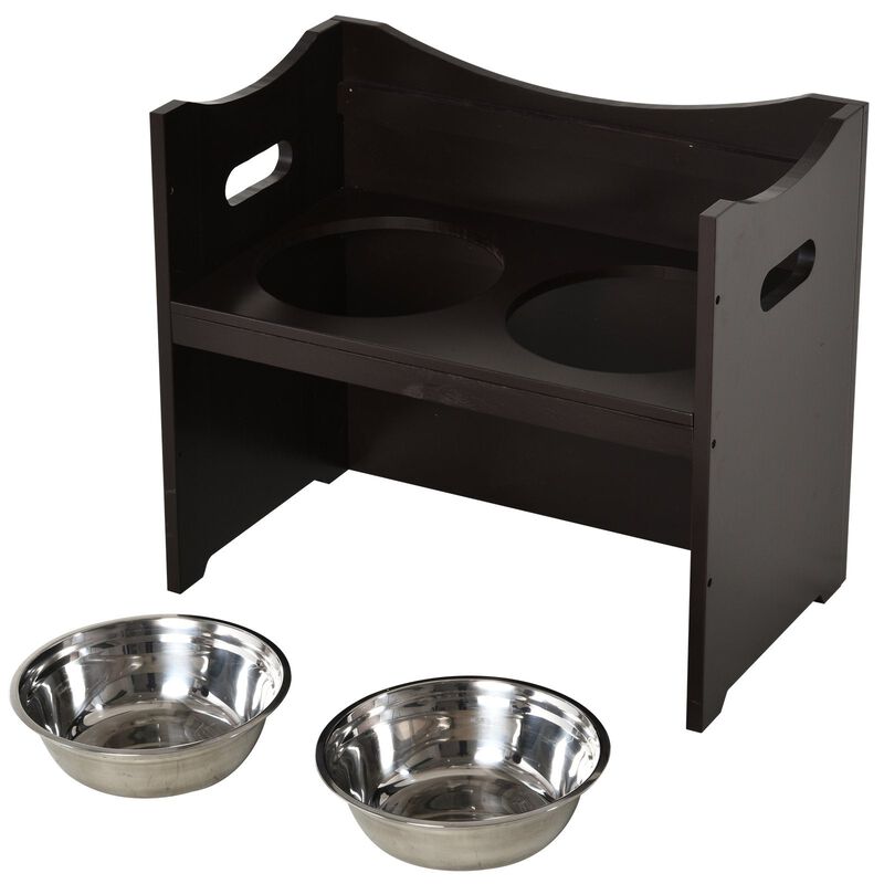 Raised Pet Food Elevated Feeder with 2 Stainless Steel Bowls  3 Levels Adjustable Height Levels  and Wood Finish