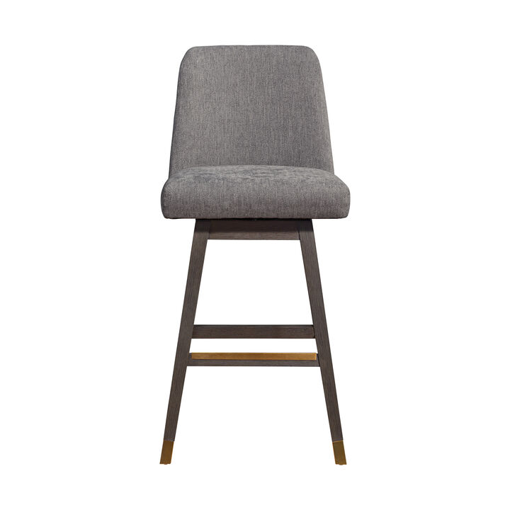 HomeRoots 30" Gray And Brown Fabric And Solid Wood Bar Height Swivel Bar Chair