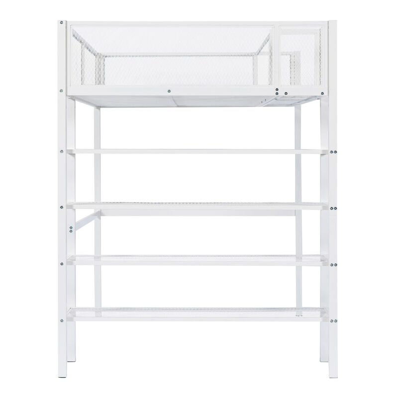 Twin Size Metal Loft Bed with 4Tier Shelves and Storage, White