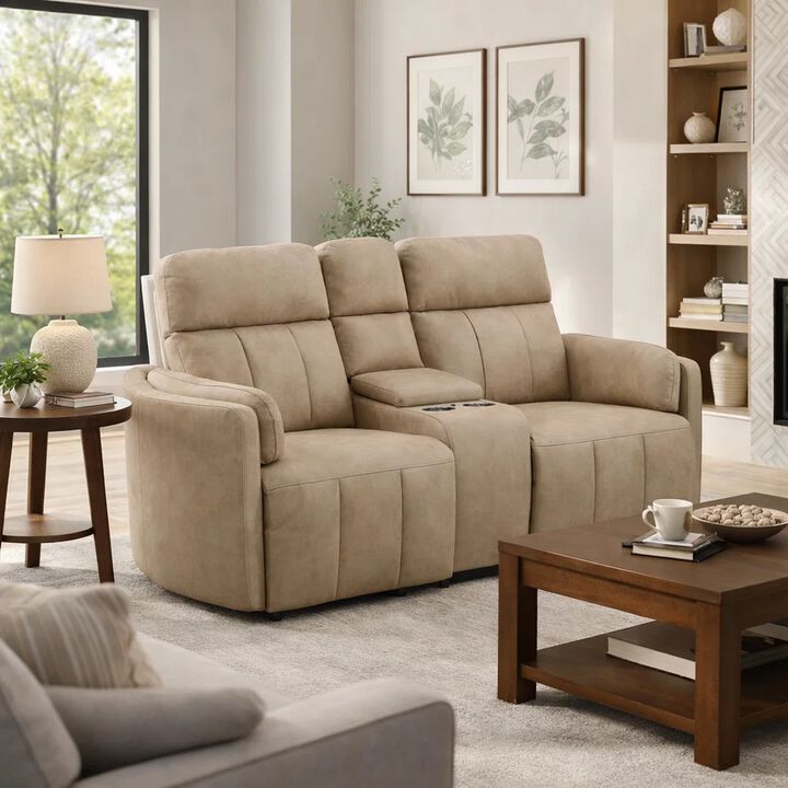 Sonny Manual Motion Recliner Loveseat with Console, Dark Beige Microfiber