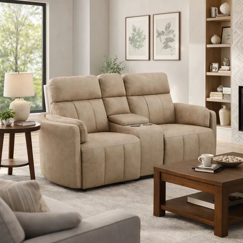 Sonny Manual Motion Recliner Loveseat with Console, Dark Beige Microfiber image number 1