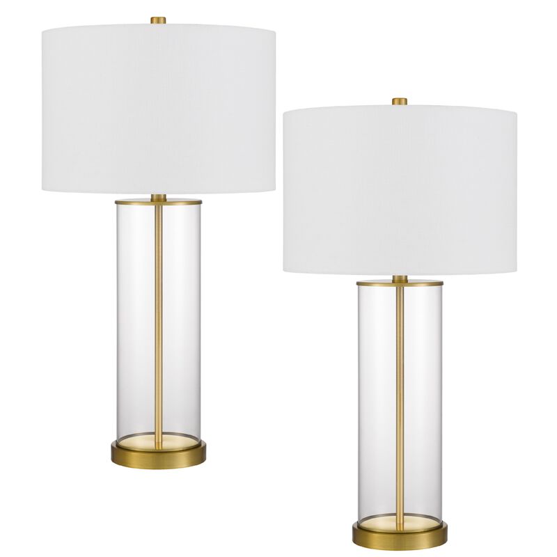 Table Lamp Set of 2, Off White Shade, Round Glass Base, Brass Accents image number 0
