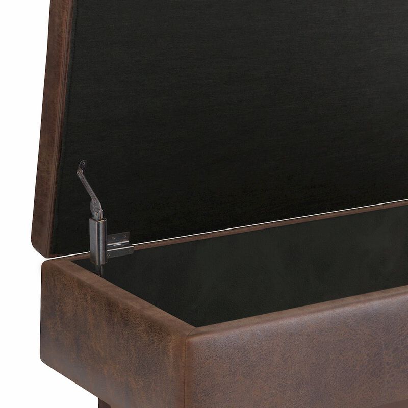 Simpli Home Rectangular Storage Ottoman In Distressed Chestnut Brown Vegan Faux Leather